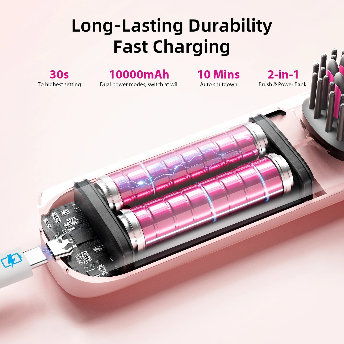 Portable 2 in 1 Hair Straightener Brush Fast Heating Negative Ion Cordless Curling Comb 10000mAh 45W Fast Charging Power Bank