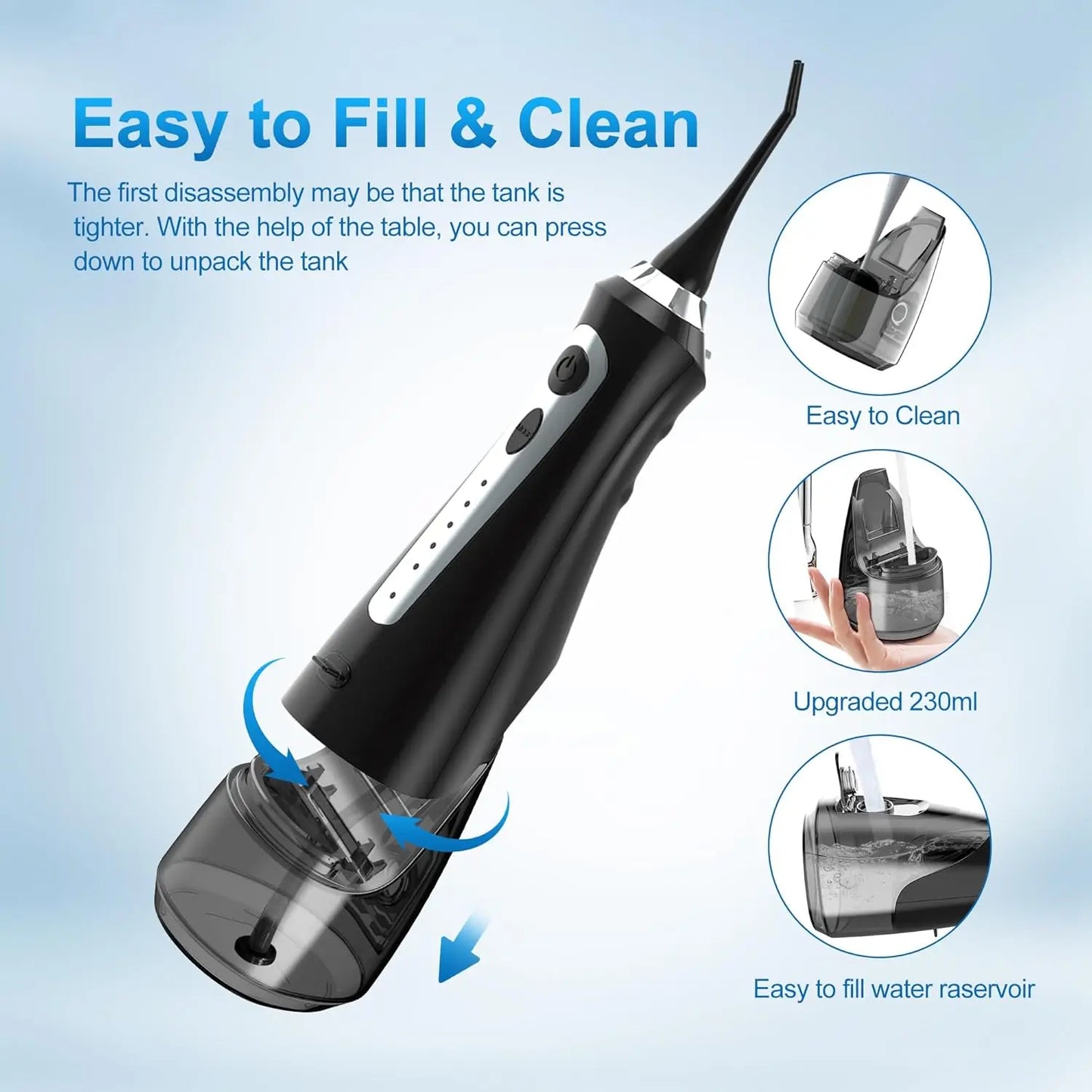 Sejoy Water Flosser Irrigator Dental Teeth Whitening Strips Portable 230ML Tank Five Modes Five Jet Tips