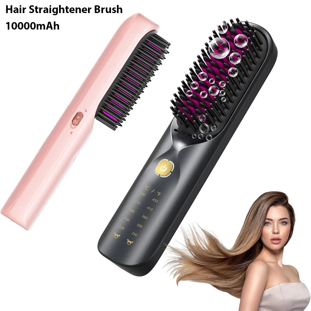 Cordless Hair Straightener Brush 450 Degrees Fahrenheit Adjustable Temperature 30 Seconds Fast Heating 10000mAh Wireless Straightening Comb for Adults and Kids