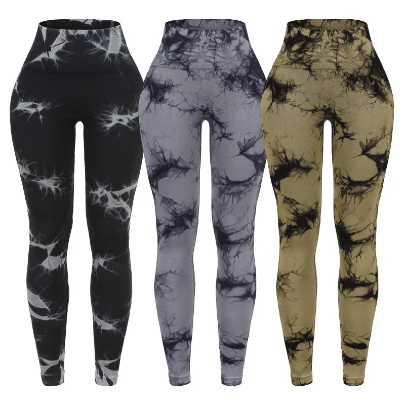 3 Piece Workout Leggings Set for Women High Waisted Tie Dye Gym Scrunch Butt Lifting Seamless Yoga Leggings Athletic Pants