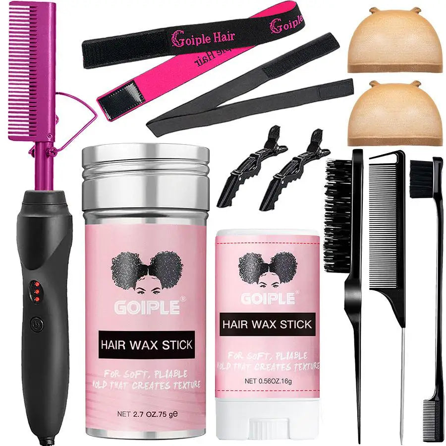 Electric Hot Heating Comb Curling Iron Pressing Comb Hair Straightening Brush and Wax Stick Styling Tool Set
