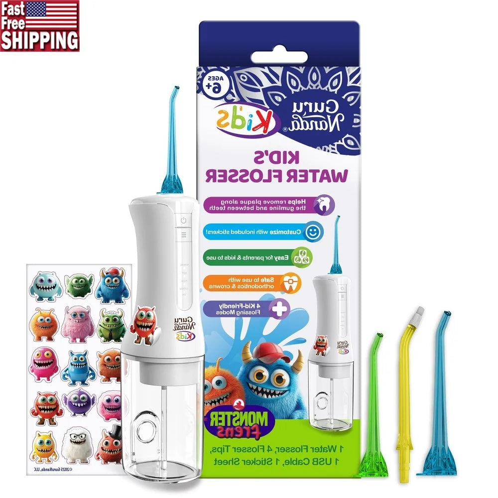 Kids Water Flosser with 4 Modes Smart Timer 200ml Portable Dental Care and 4 Nozzles Waterproof for Ages 6 and Up