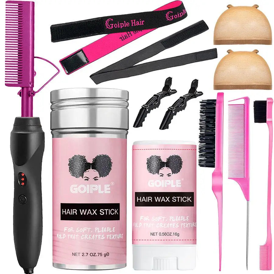 Electric Hot Heating Comb Curling Iron Pressing Comb Hair Straightening Brush and Wax Stick Styling Tool Set