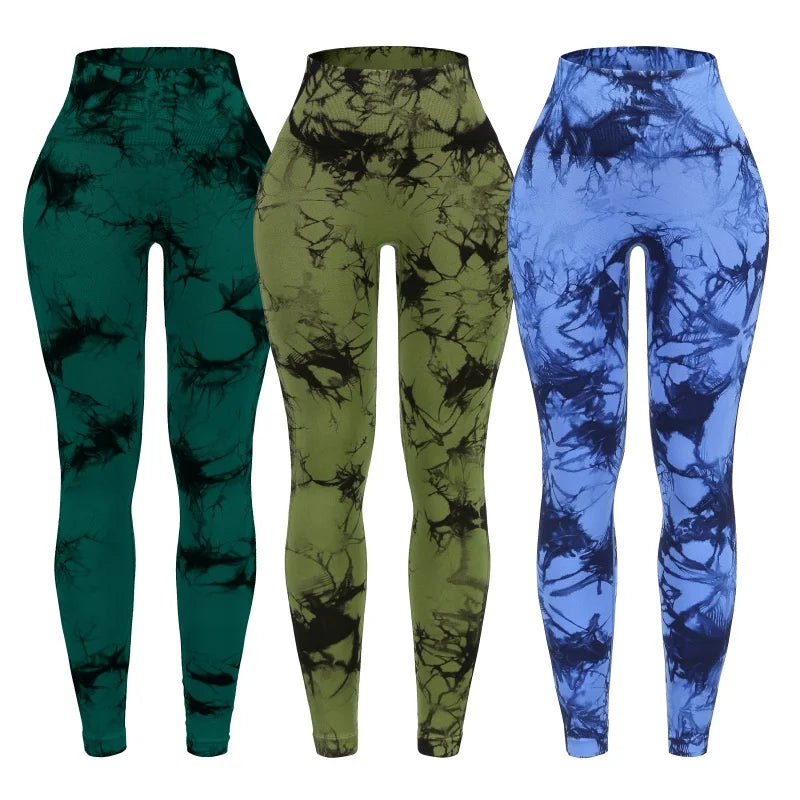 3 Piece Workout Leggings Set for Women High Waisted Tie Dye Gym Scrunch Butt Lifting Seamless Yoga Leggings Athletic Pants