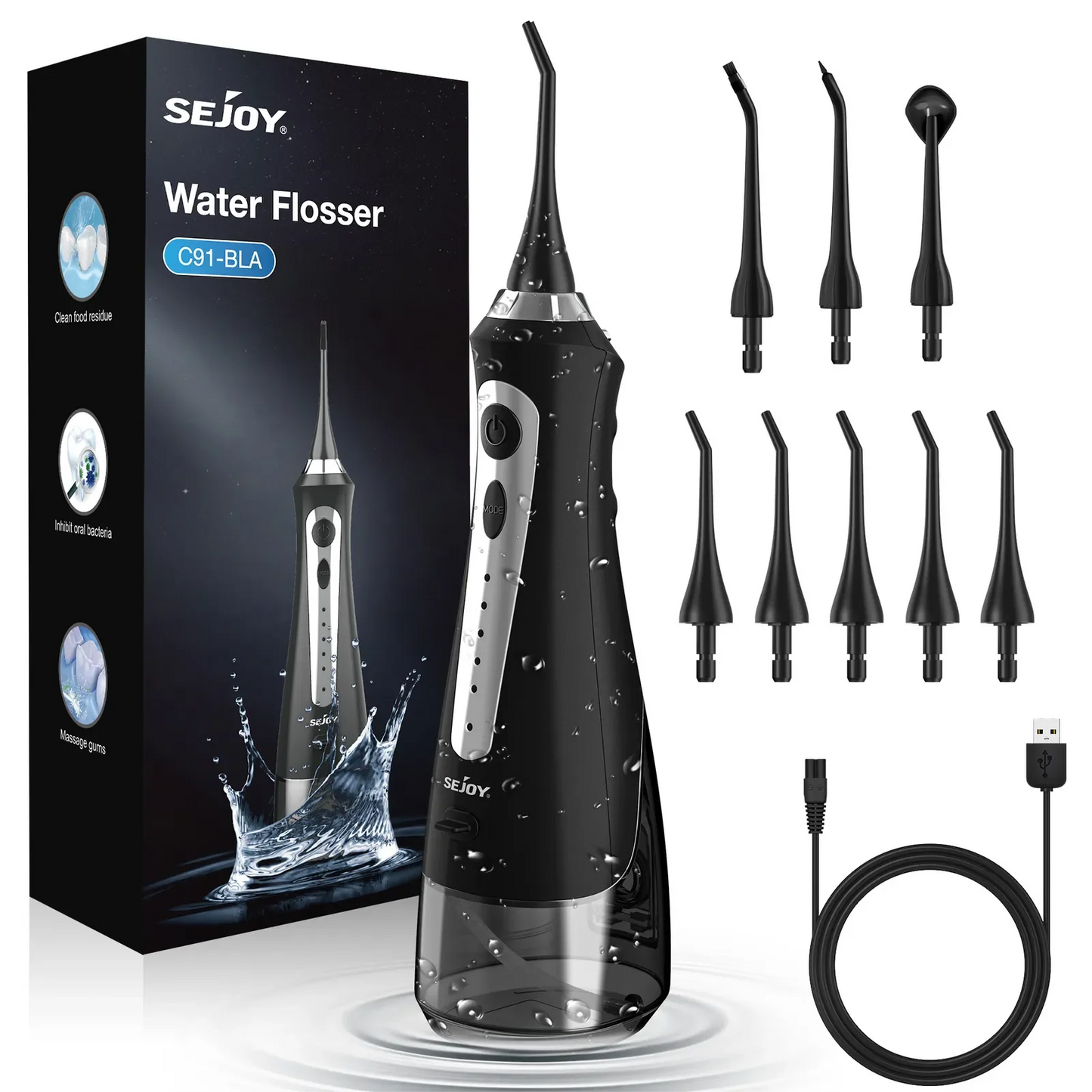 Sejoy Water Flosser Irrigator Dental Teeth Whitening Strips Portable 230ML Tank Five Modes Five Jet Tips