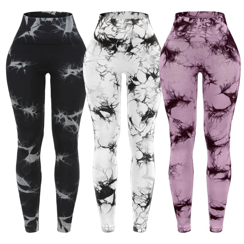 3 Piece Workout Leggings Set for Women High Waisted Tie Dye Gym Scrunch Butt Lifting Seamless Yoga Leggings Athletic Pants
