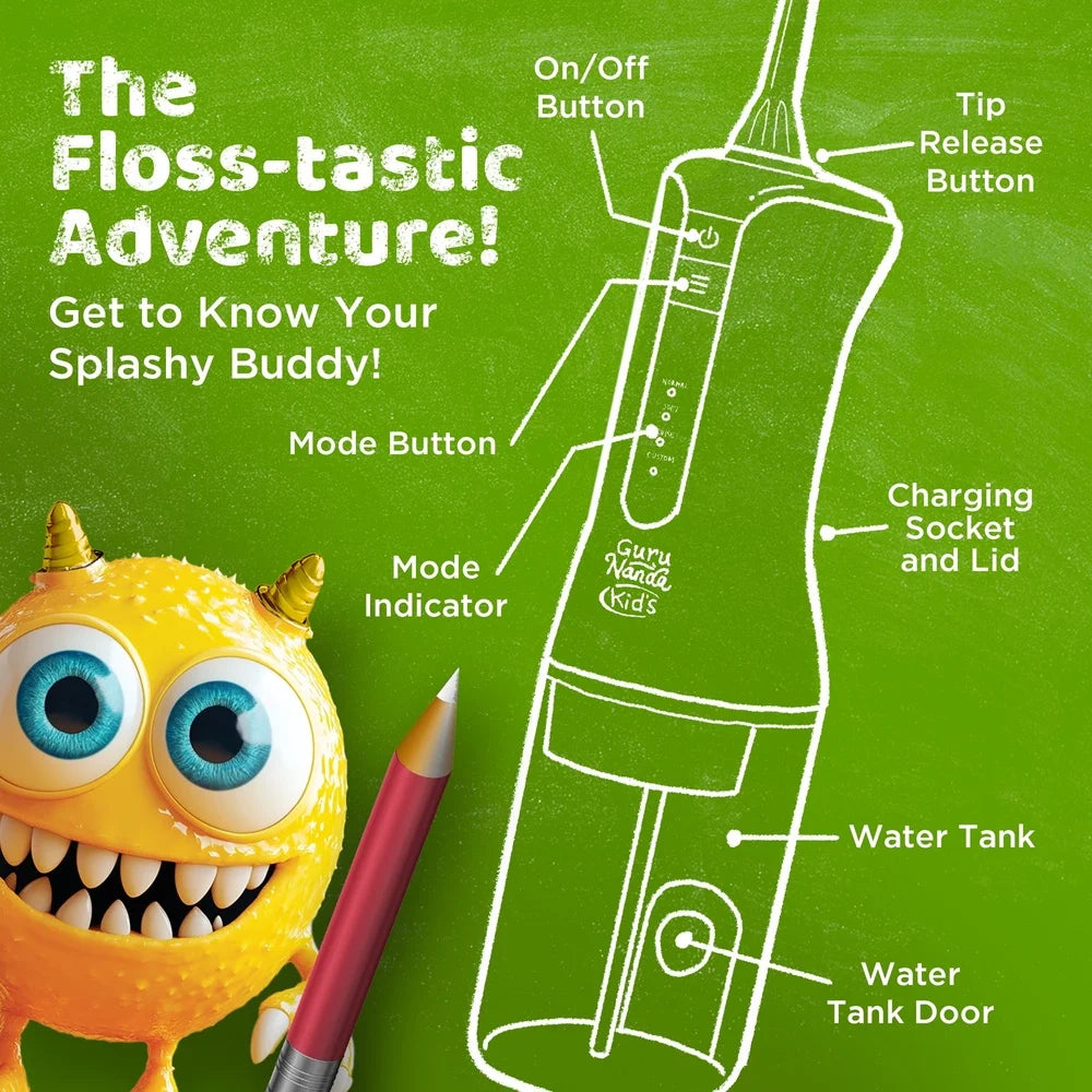 Kids Water Flosser with 4 Modes Smart Timer 200ml Portable Dental Care and 4 Nozzles Waterproof for Ages 6 and Up