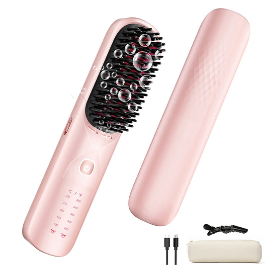 Cordless Hair Straightener Brush 450 Degrees Fahrenheit Adjustable Temperature 30 Seconds Fast Heating 10000mAh Wireless Straightening Comb for Adults and Kids