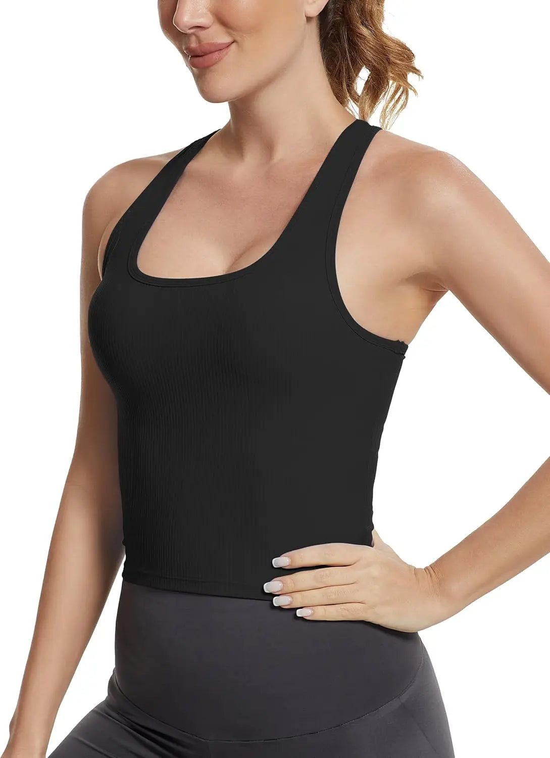 Ribbed Workout Tank Top for Women with Built in Bra Sleeveless Athletic Vest Racerback Casual Yoga Gym Wear