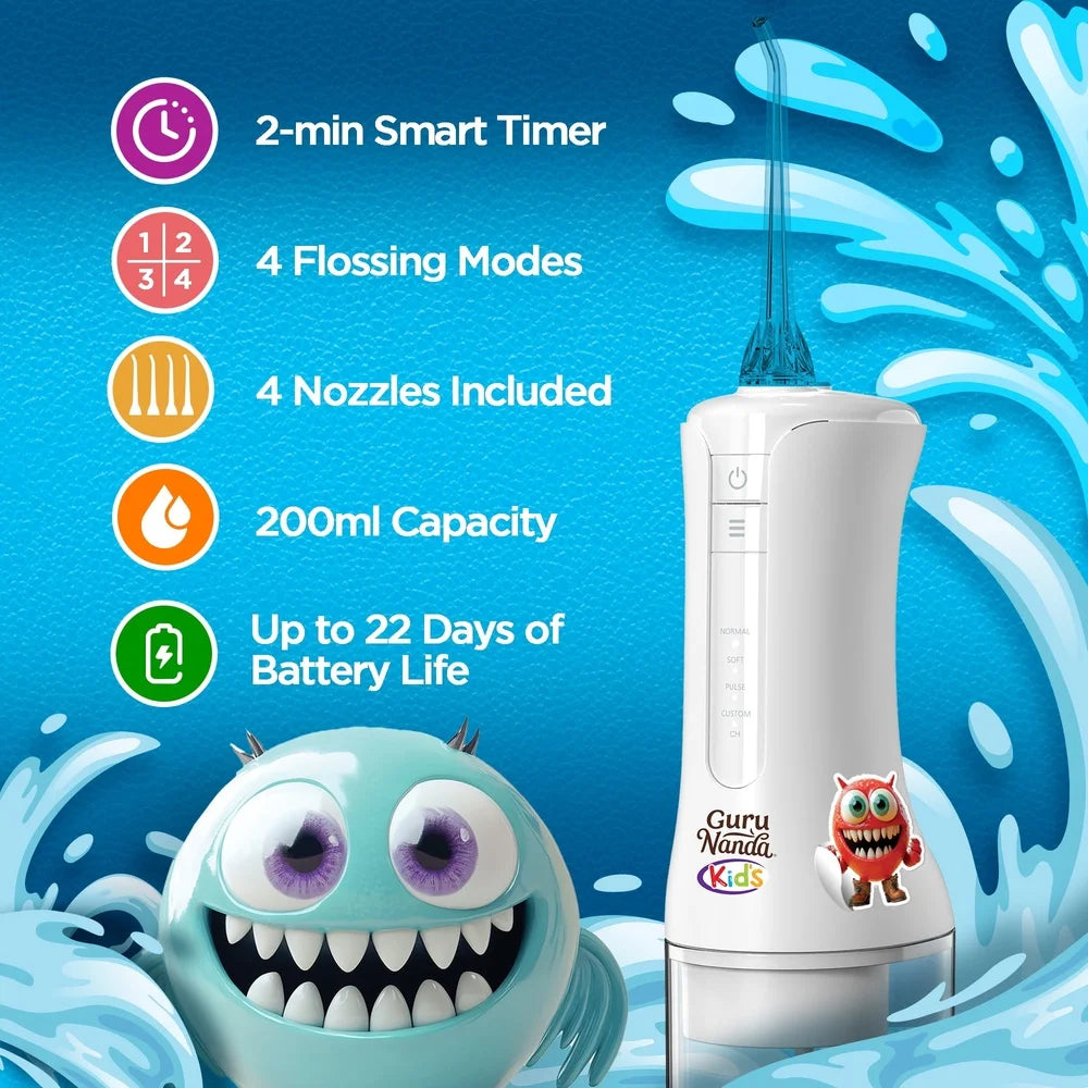 Kids Water Flosser with 4 Modes Smart Timer 200ml Portable Dental Care and 4 Nozzles Waterproof for Ages 6 and Up