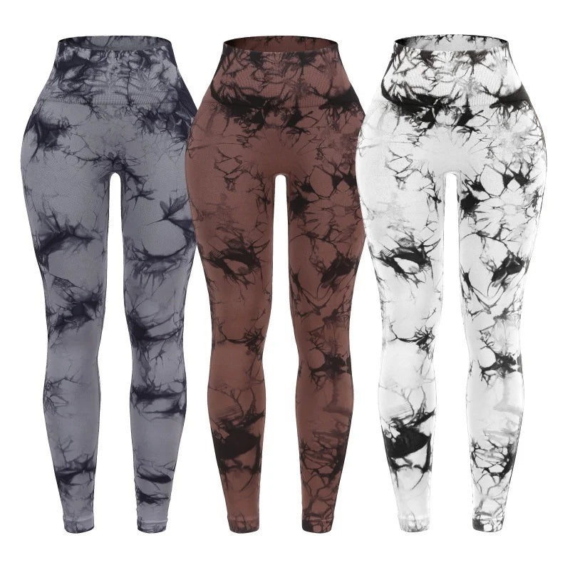 3 Piece Workout Leggings Set for Women High Waisted Tie Dye Gym Scrunch Butt Lifting Seamless Yoga Leggings Athletic Pants