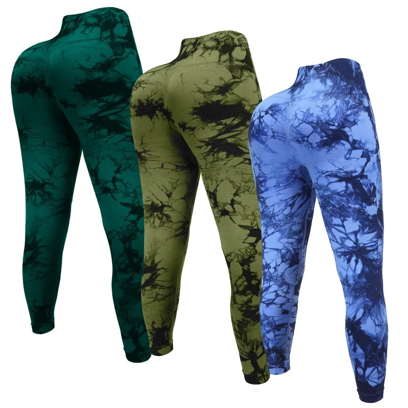 3 Piece Workout Leggings Set for Women High Waisted Tie Dye Gym Scrunch Butt Lifting Seamless Yoga Leggings Athletic Pants