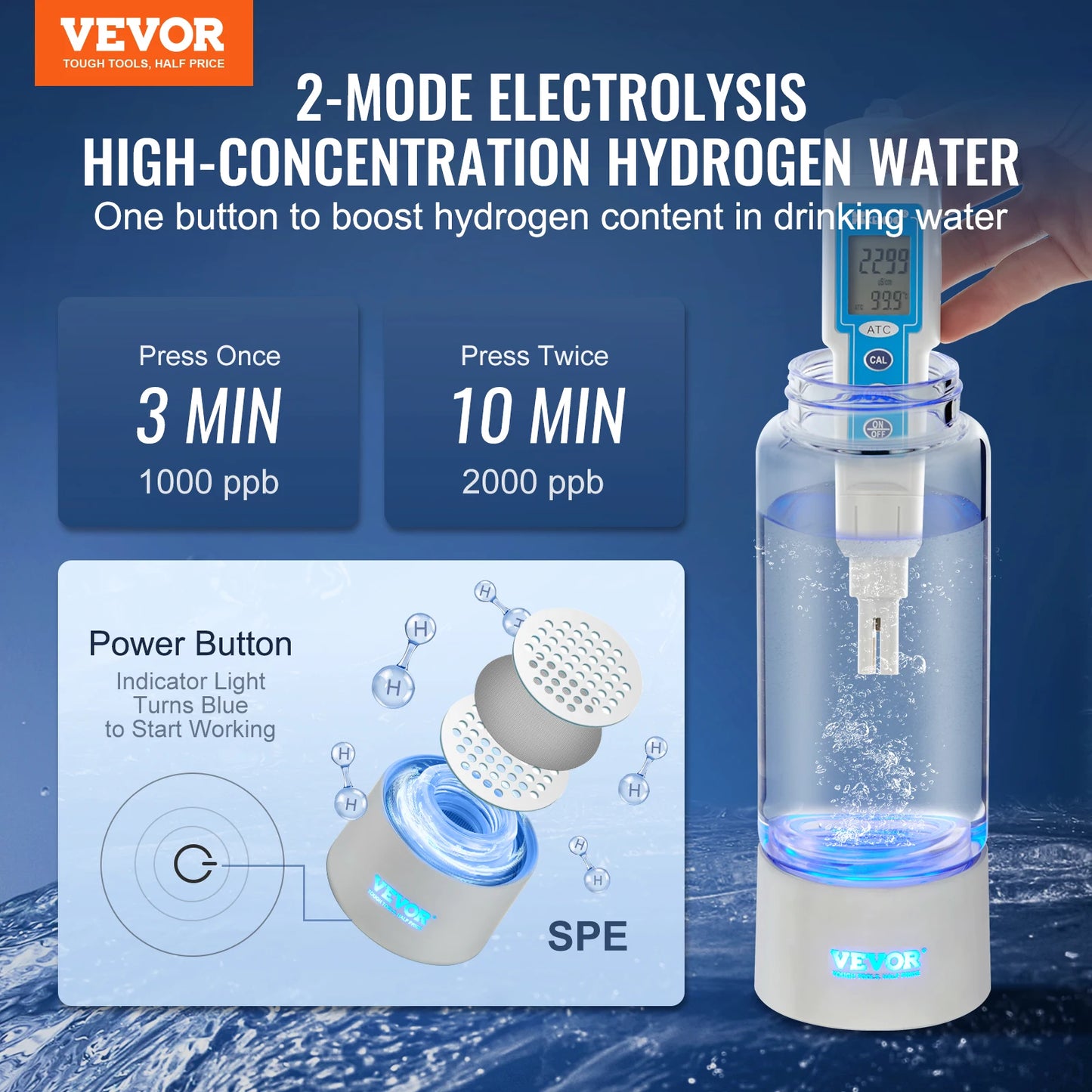 VEVOR Hydrogen Water Bottle Generator 380 Milliliters Portable Hydrogen Water Maker Ionizer Machine