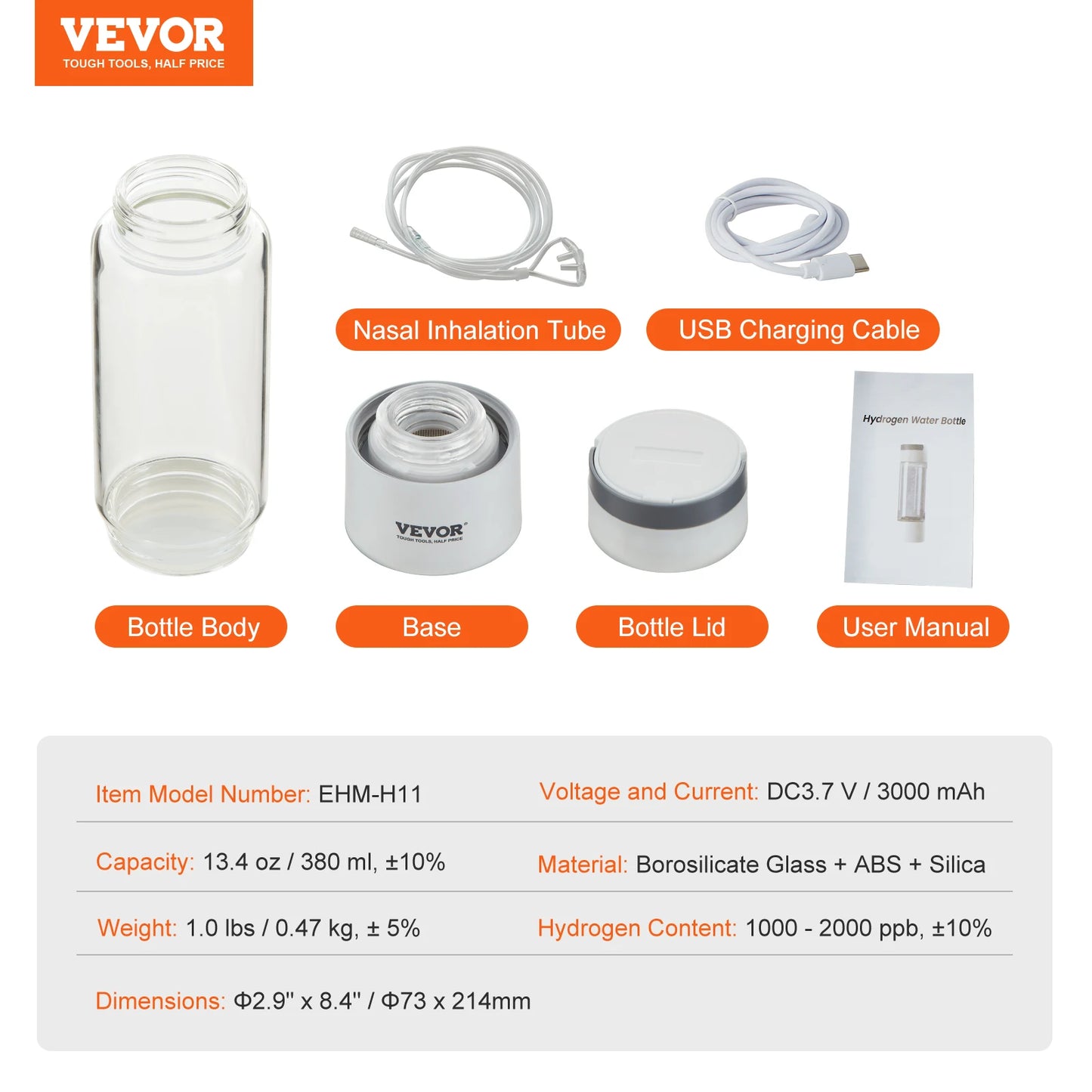 VEVOR Hydrogen Water Bottle Generator 380 Milliliters Portable Hydrogen Water Maker Ionizer Machine