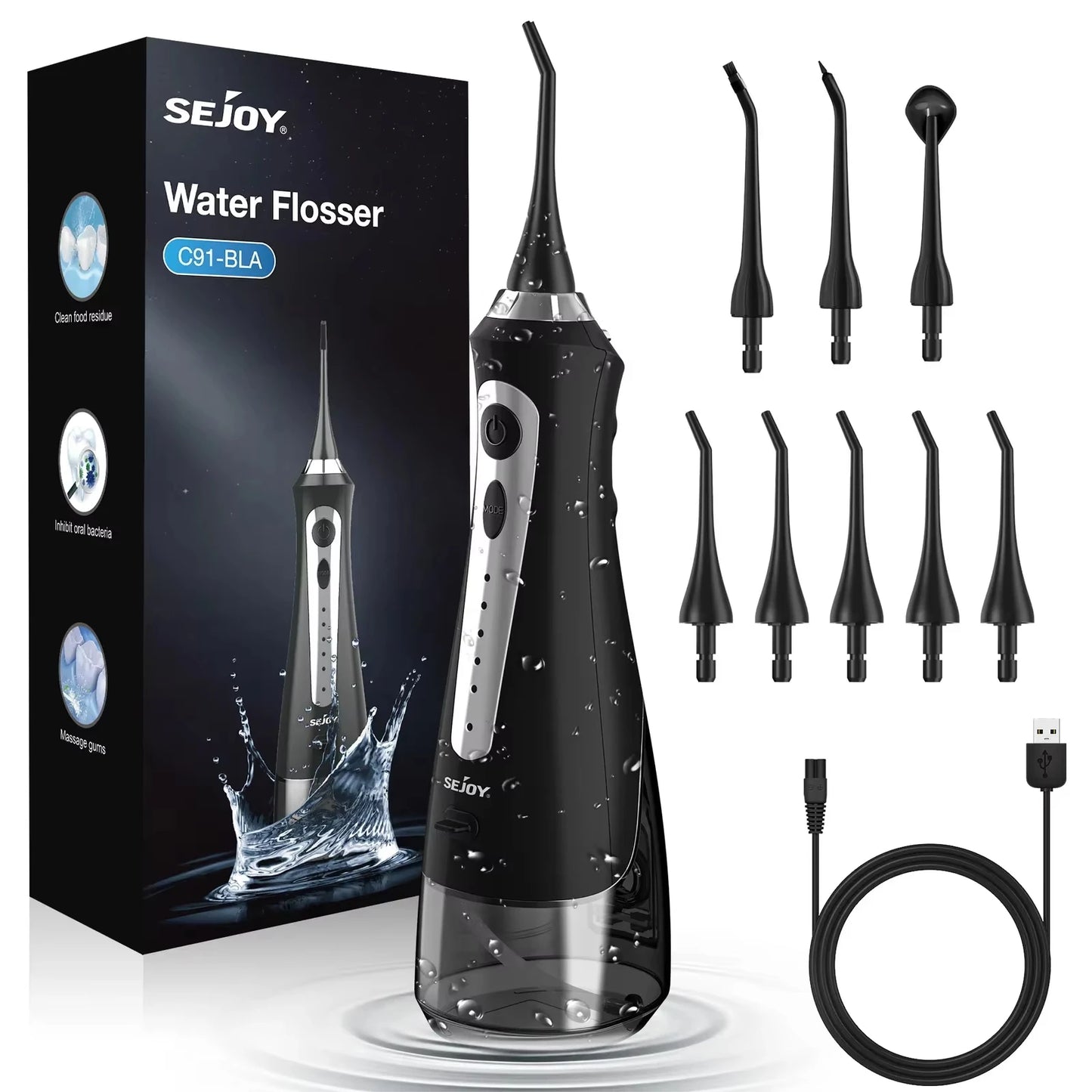 Sejoy Water Flosser Irrigator Dental Teeth Whitening Strips Portable 230ML Tank Five Modes Five Jet Tips