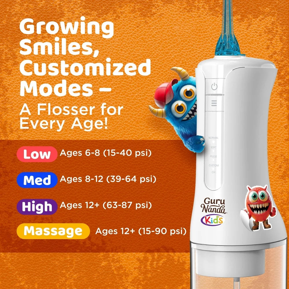Kids Water Flosser with 4 Modes Smart Timer 200ml Portable Dental Care and 4 Nozzles Waterproof for Ages 6 and Up