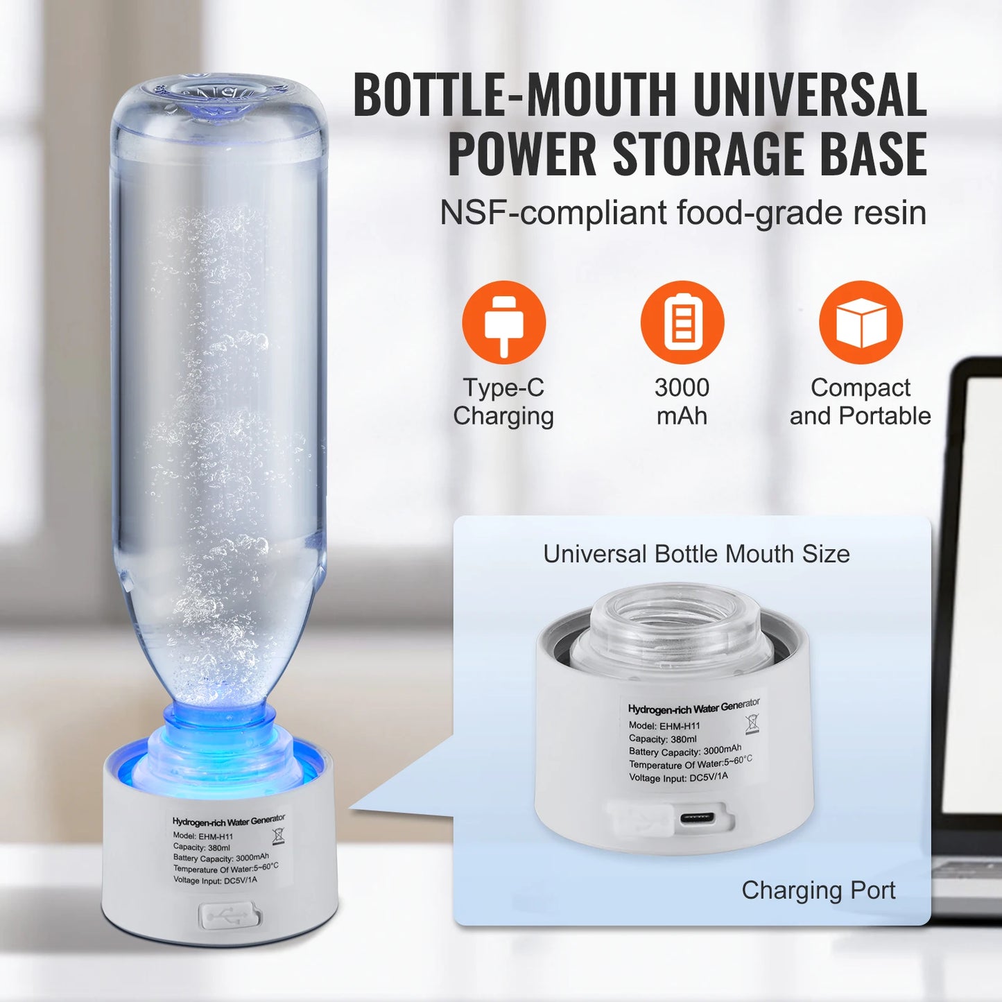 VEVOR Hydrogen Water Bottle Generator 380 Milliliters Portable Hydrogen Water Maker Ionizer Machine