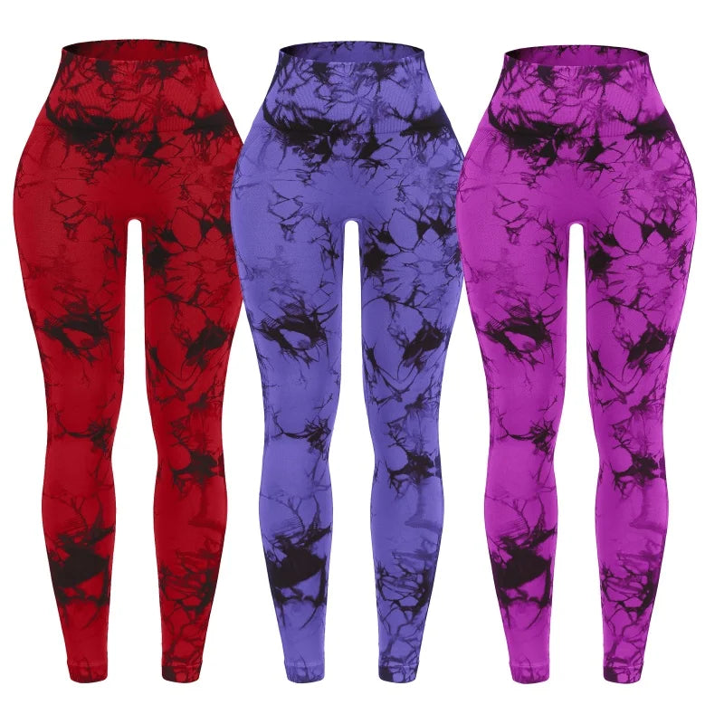 3 Piece Workout Leggings Set for Women High Waisted Tie Dye Gym Scrunch Butt Lifting Seamless Yoga Leggings Athletic Pants