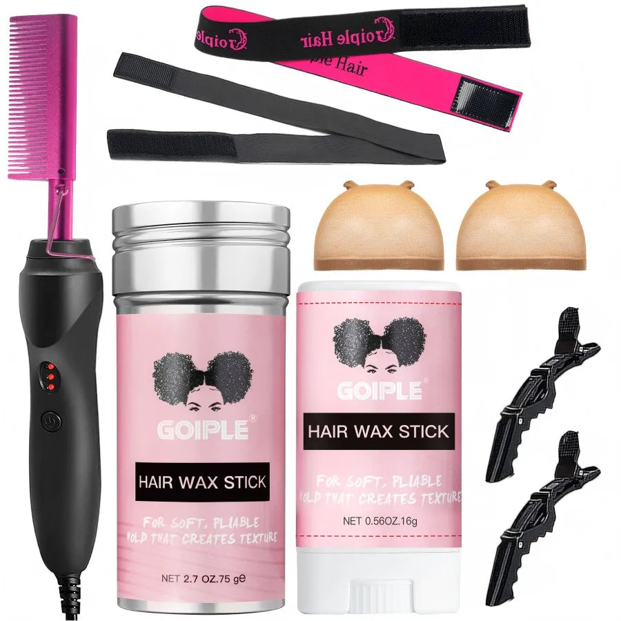 Electric Hot Heating Comb Curling Iron Pressing Comb Hair Straightening Brush and Wax Stick Styling Tool Set