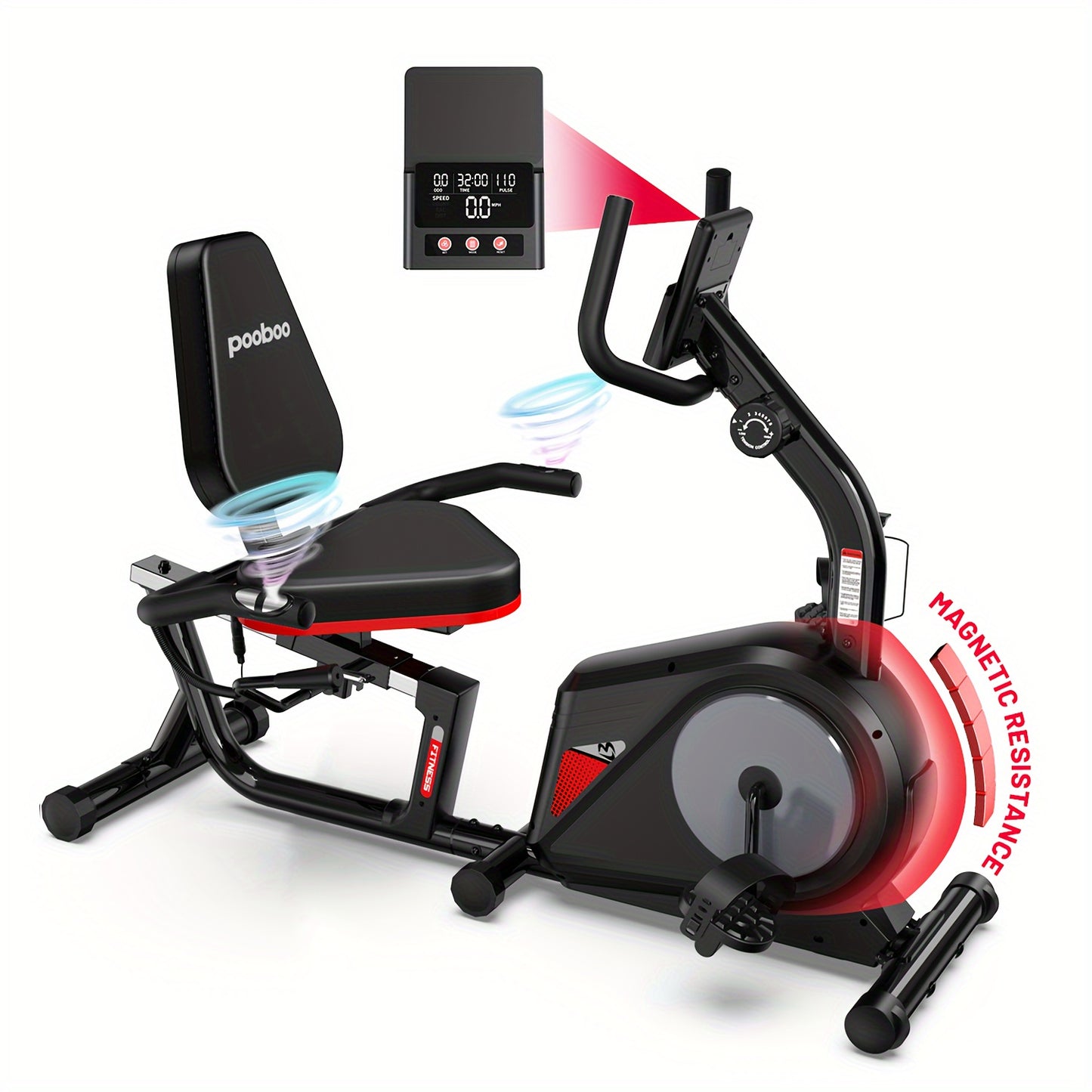 Pooboo Recumbent Exercise Bike Adjustable Magnetic Resistance Quiet Flywheel Belt Drive Stationary Home Workout Fitness Cycle Indoor Aerobic Training Suitable for Home Gyms