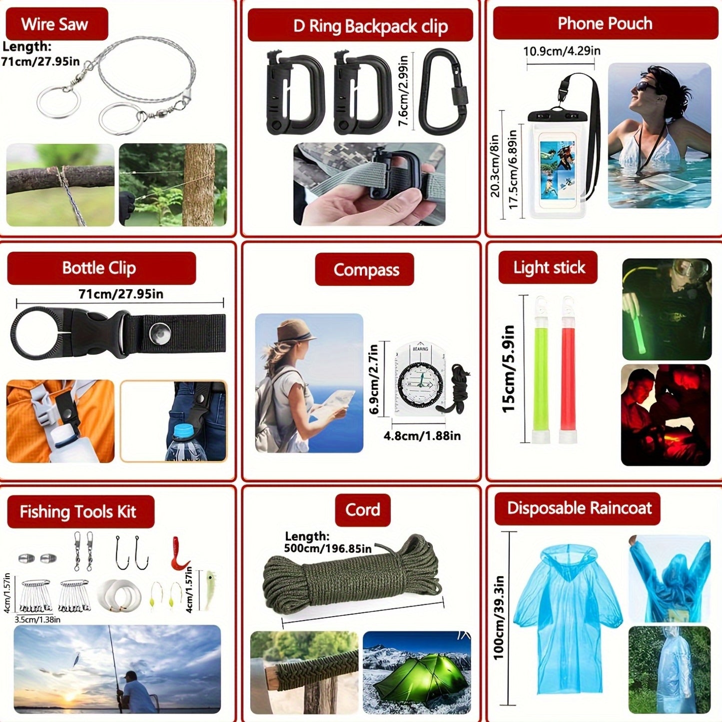 Survival Kit Bag with Folding Shovel and Multi Function Axe Emergency Lighting Set Emergency Blanket for Outdoor Adventure Hiking Hunting Lightweight Camping Essentials