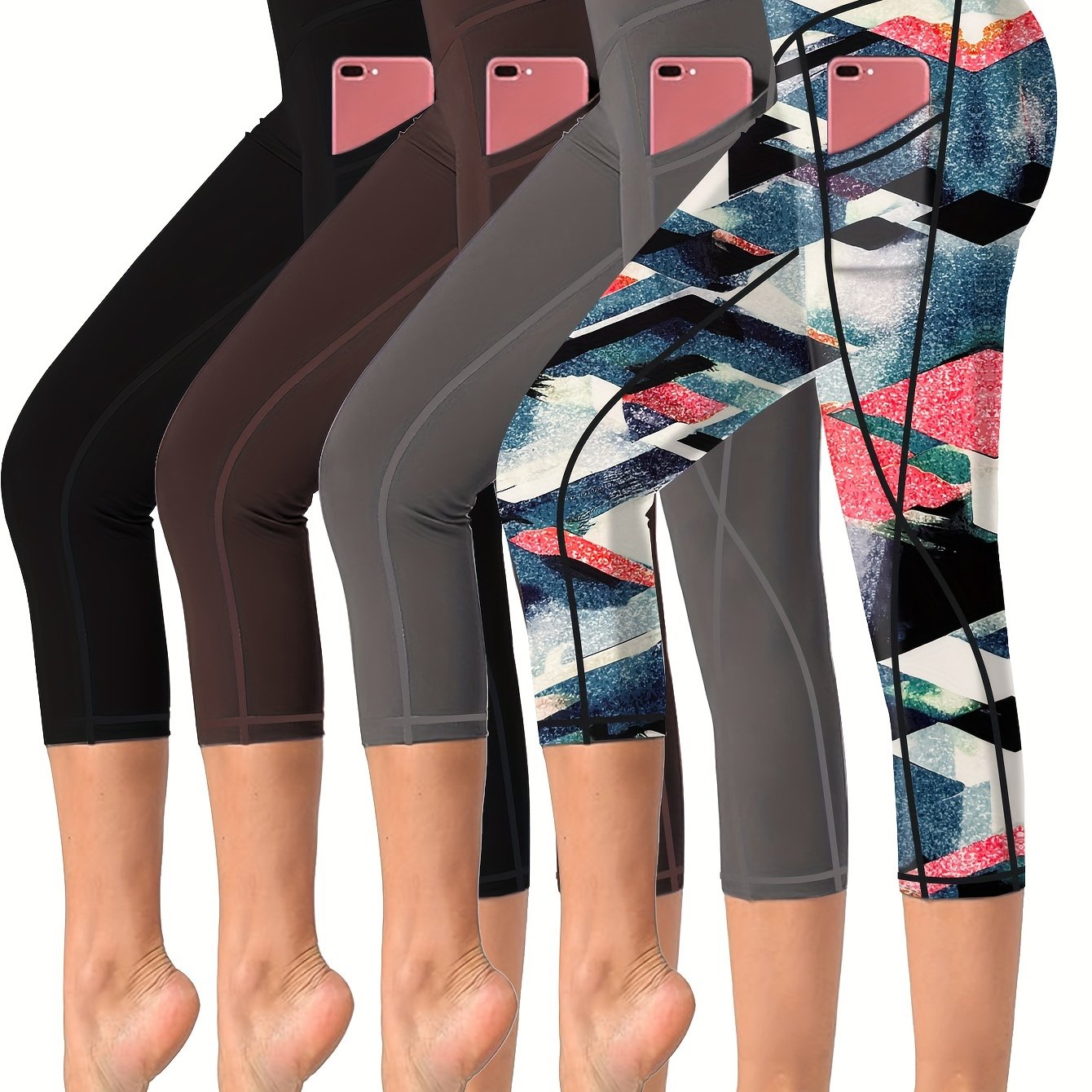 4 Pieces High Waisted Yoga Capris Leggings with Pockets Stretchy Printed Fitness and Running Tights Assorted Colors for Women