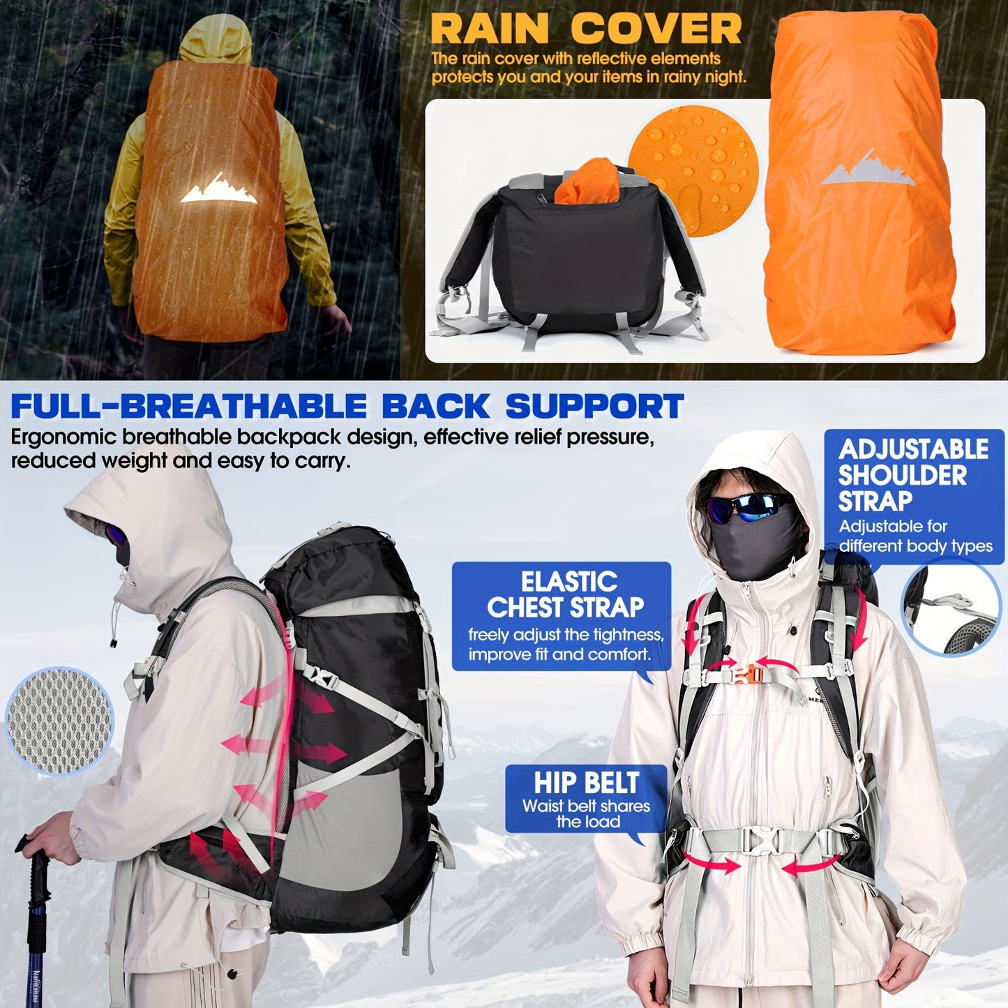 IGOLUMON 15.85 Gallon Waterproof Hiking and Camping Backpack with Rain Cover Lightweight Large Capacity Backpack Adjustable Straps Multiple Compartments Durable Polyester for Outdoor Travel Men and Women Camping Gear