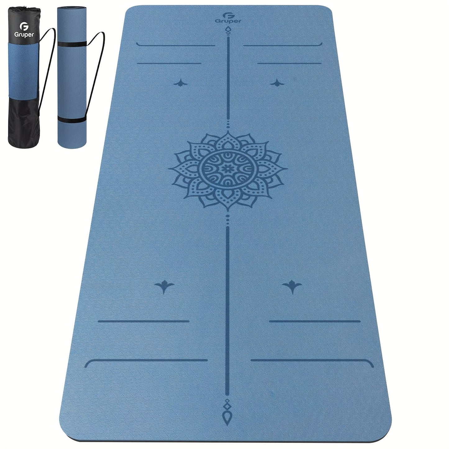 Non-Slip TPE Yoga Mat 8mm Thick with Carrying Strap - Striped, Green/Blue/Black - Ideal for Beginners, Pilates & Home Workouts