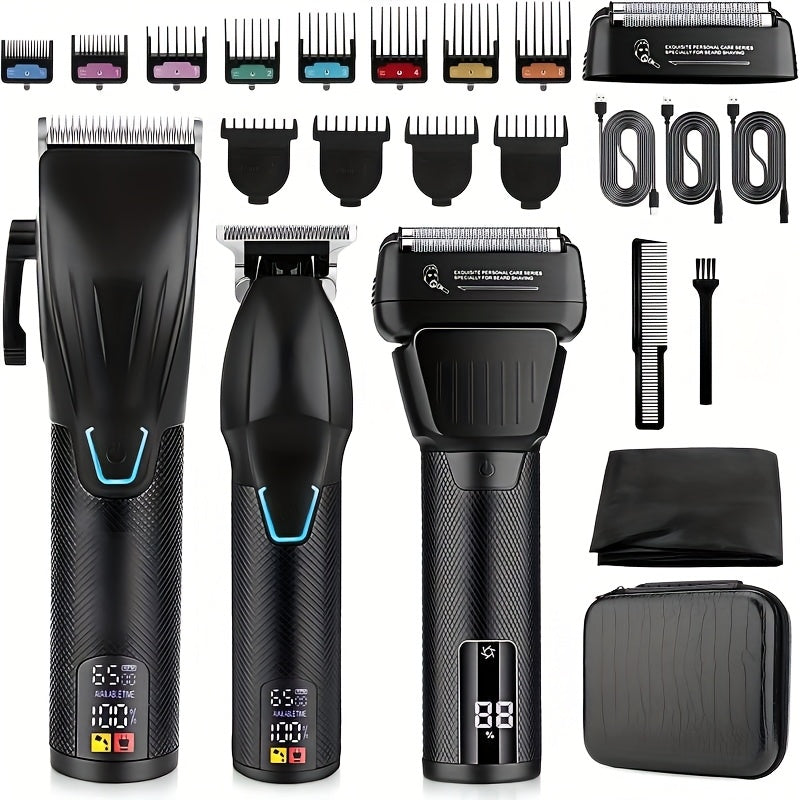 Professional Cordless Hair Clippers and Beard Trimmer Set for Men Golden Finish with LCD Display USB Rechargeable Includes Multiple Comb Attachments Ideal for Home Grooming and Barber Use