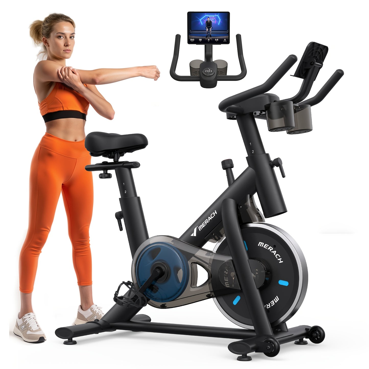 MERACH Exercise Bike, Brake Pad Stationary Bike With Exclusive App, Low Noise Indoor Cycling Bike With 300lbs Weight Capacity, Tablet Mount And Fitness Courses For Weight Loss