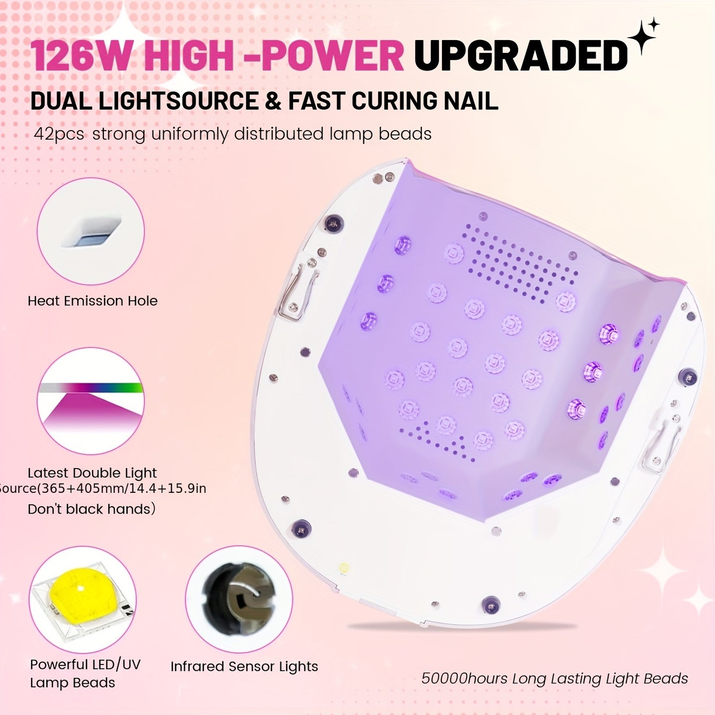 126W High Power Pink UV LED Nail Lamp with Digital Display 5200mAh Rechargeable Cordless Quick Drying 4 Timer Settings Hypoallergenic Plastic Professional Nail Dryer for Home and Salon Use