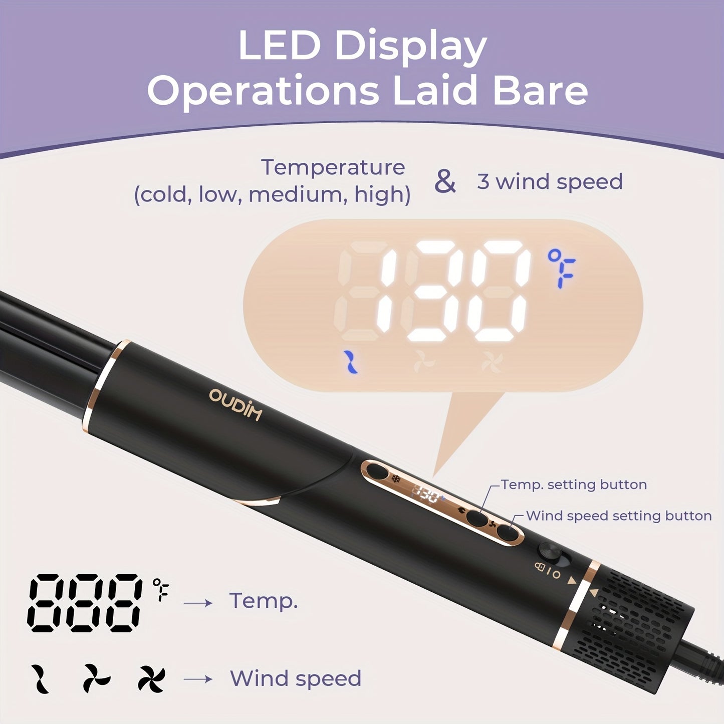 OUDIM 6 in 1 Multi Functional Hot Air Comb and Styler with Negative Ion Technology High Speed Frizz Free Hair Dryer Brush Curling Iron and Straightener with Auto Winding Rod Foldable Handle and Storage Bag