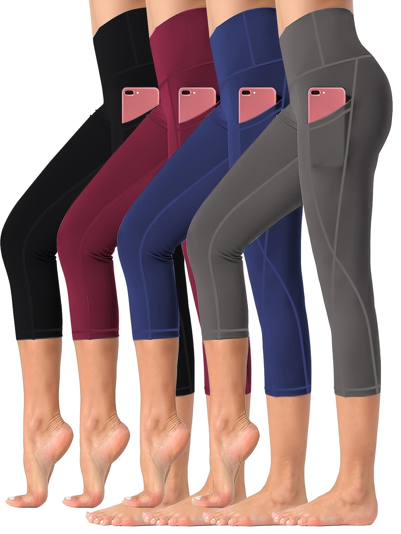 4 Pieces High Waisted Yoga Capris Leggings with Pockets Stretchy Printed Fitness and Running Tights Assorted Colors for Women