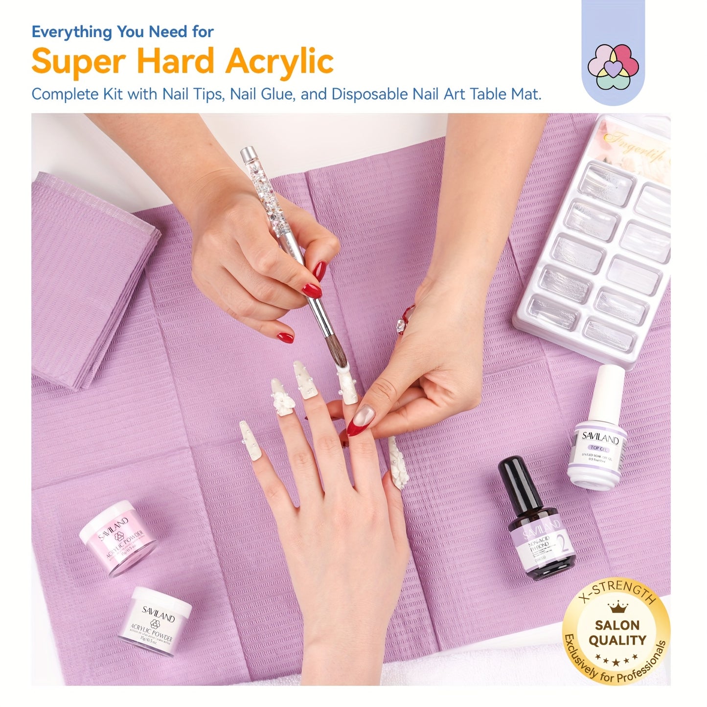 SAVILAND Advanced X Strength Acrylic Nail Kit with Nail Tips 3 Colors Acrylic Powder Liquid Set 100pcs Clear Nail Tips for Nail Extension Carving DIY Nail Art