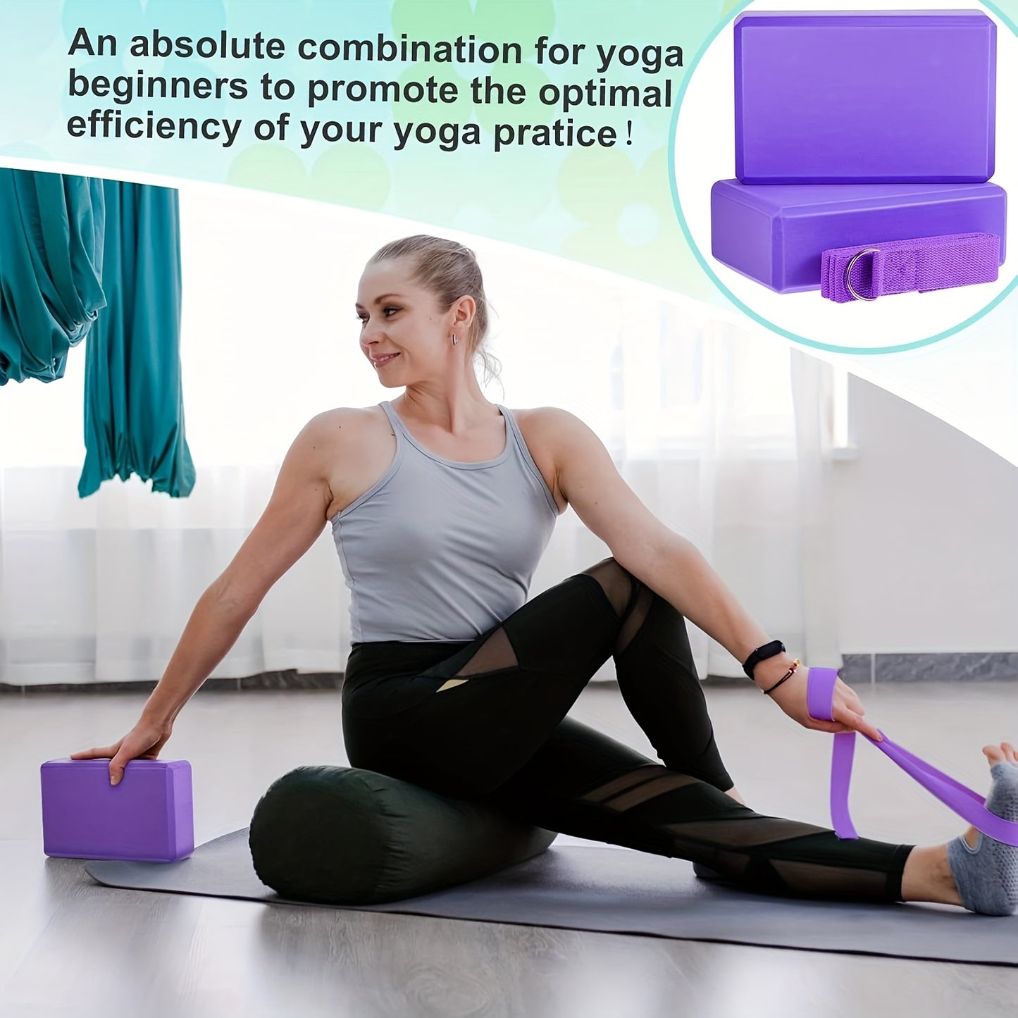 18 Pieces Yoga Block And Strap Set EVA Foam Non Slip Brick 9 X 6 X 3 Inch 8ft Yoga Straps for Stretching D Ring Design Pilates Fitness Workout Exercise