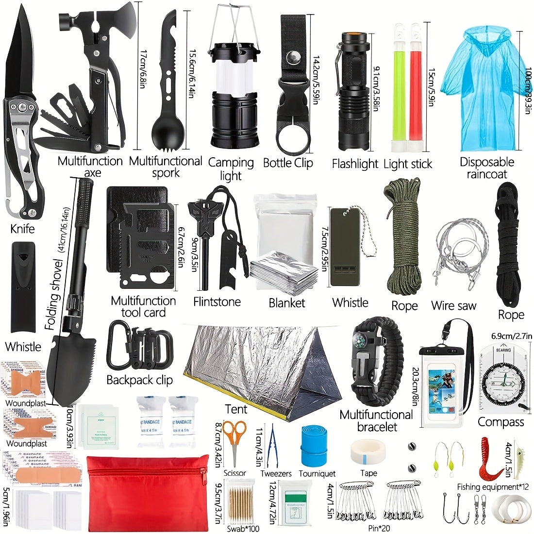 Survival Kit Bag with Folding Shovel and Multi Function Axe Emergency Lighting Set Emergency Blanket for Outdoor Adventure Hiking Hunting Lightweight Camping Essentials