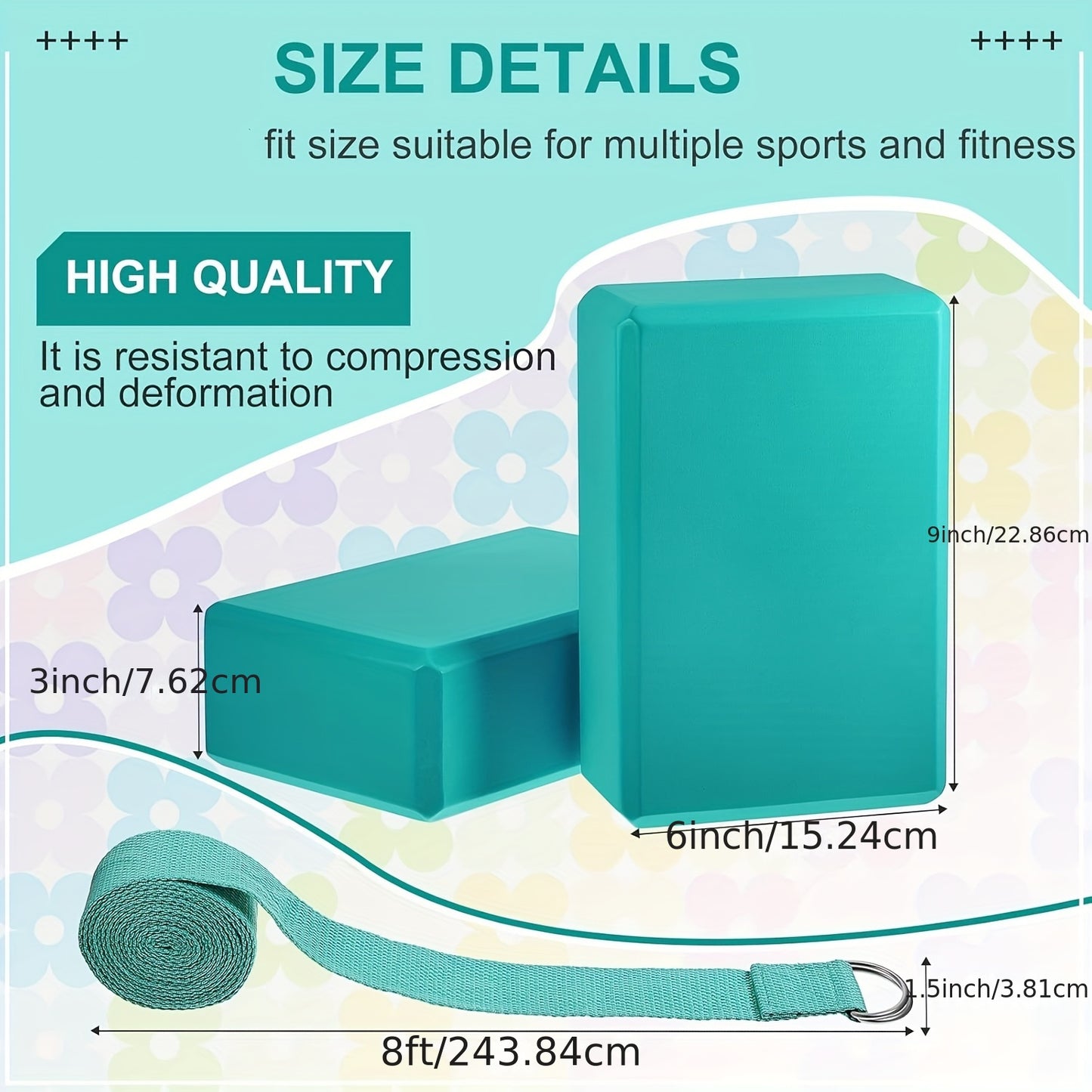 18 Pieces Yoga Block And Strap Set EVA Foam Non Slip Brick 9 X 6 X 3 Inch 8ft Yoga Straps for Stretching D Ring Design Pilates Fitness Workout Exercise