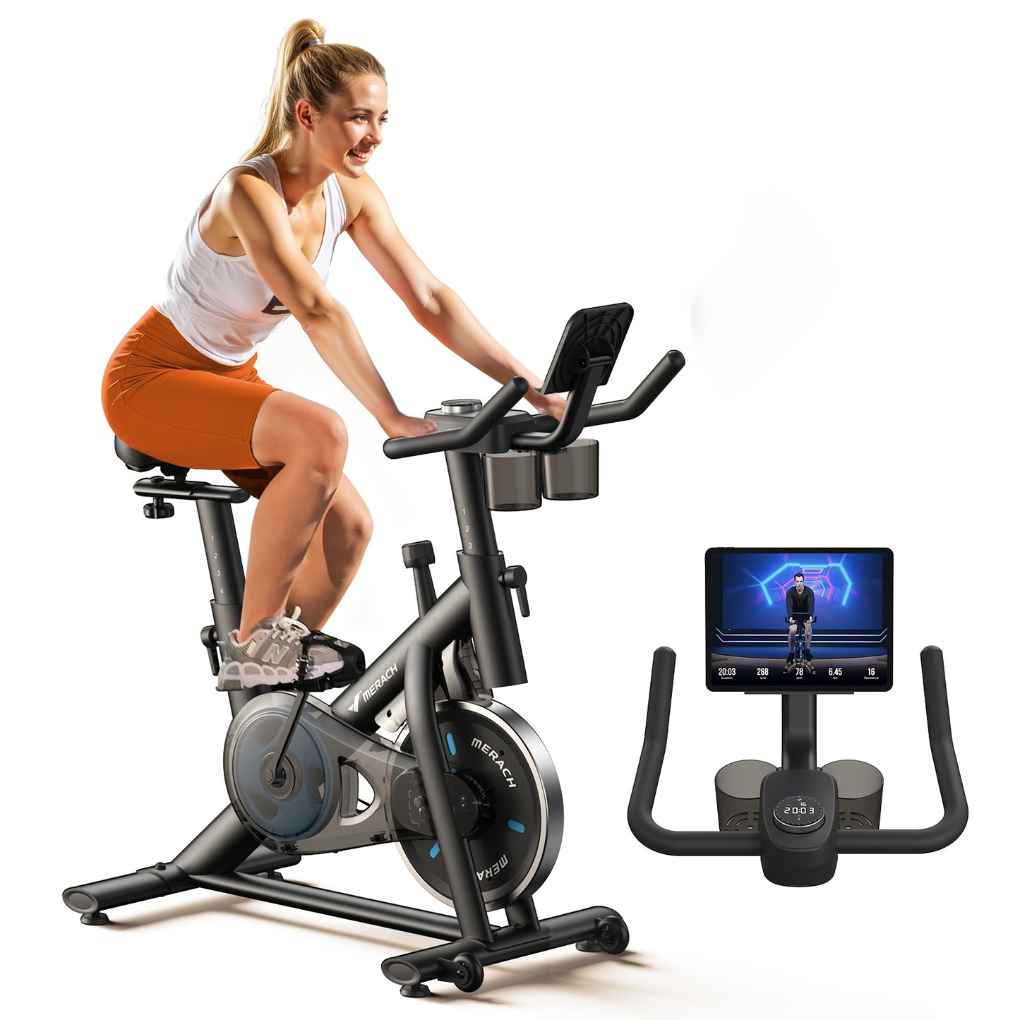 MERACH Exercise Bike, Brake Pad Stationary Bike With Exclusive App, Low Noise Indoor Cycling Bike With 300lbs Weight Capacity, Tablet Mount And Fitness Courses For Weight Loss