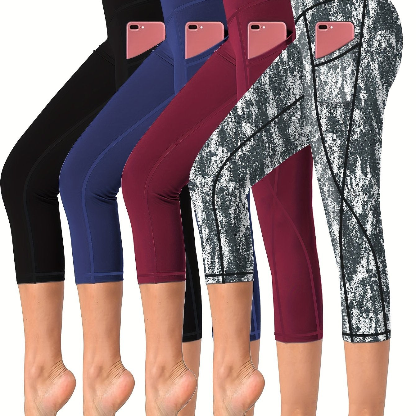 4 Pieces High Waisted Yoga Capris Leggings with Pockets Stretchy Printed Fitness and Running Tights Assorted Colors for Women