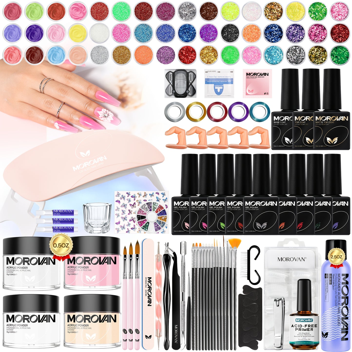 Morovan Beginner Professional Acrylic Nail Kit with Mouse Light Base and Top Coat Clear and Pink Acrylic Powder False Nail Tips Polishing Tools Glitter and More DIY All in One Professional Manicure Starter Kit
