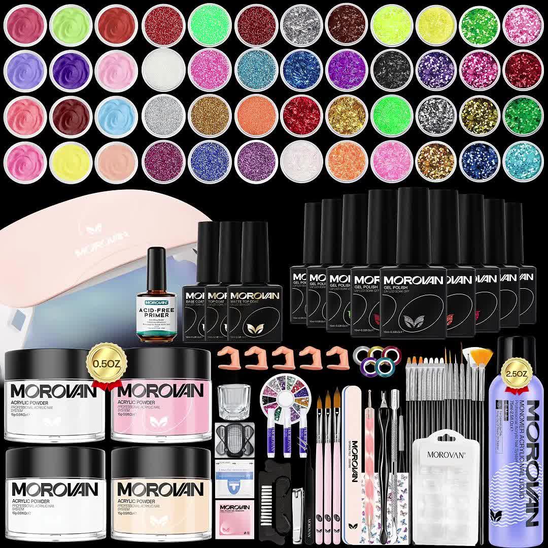 Morovan Beginner Professional Acrylic Nail Kit with Mouse Light Base and Top Coat Clear and Pink Acrylic Powder False Nail Tips Polishing Tools Glitter and More DIY All in One Professional Manicure Starter Kit