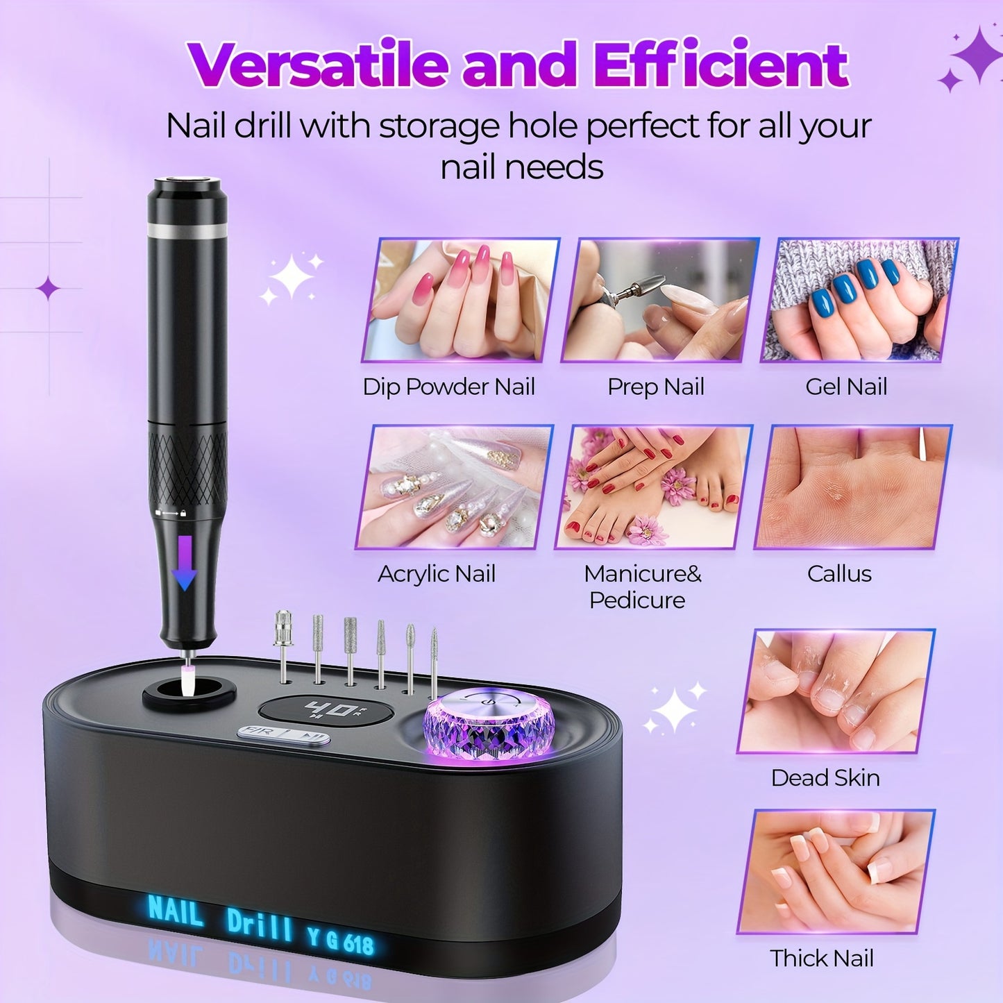Electric Nail Drill Machine 40000RPM Professional Efile Nail Drill Kit High Speed Low Heat Low Noise Low Vibration Electric Nail File For Acrylic Gel Nails Toenail Shaping Buffing Grinder Manicure Pedicure Polishing