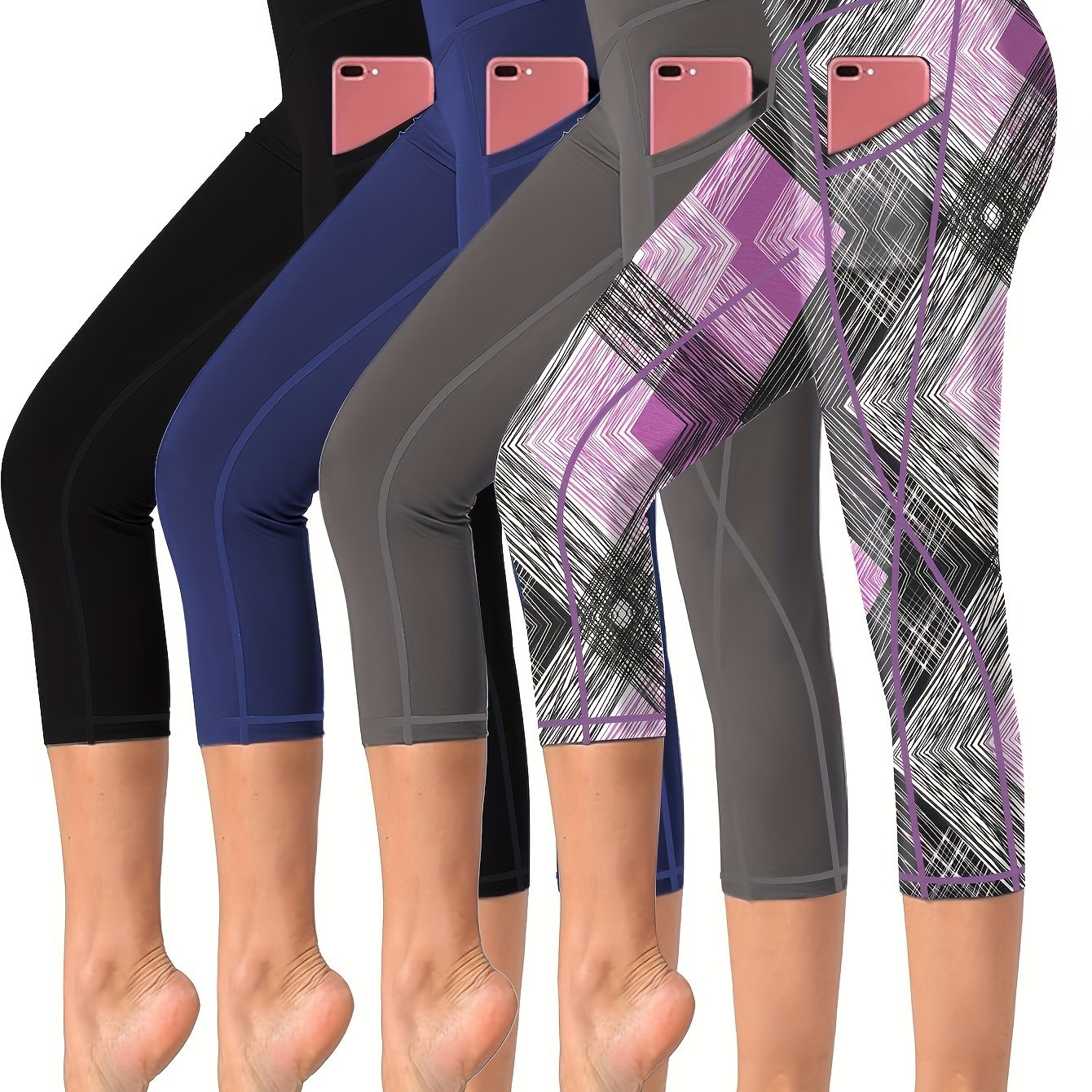 4 Pieces High Waisted Yoga Capris Leggings with Pockets Stretchy Printed Fitness and Running Tights Assorted Colors for Women