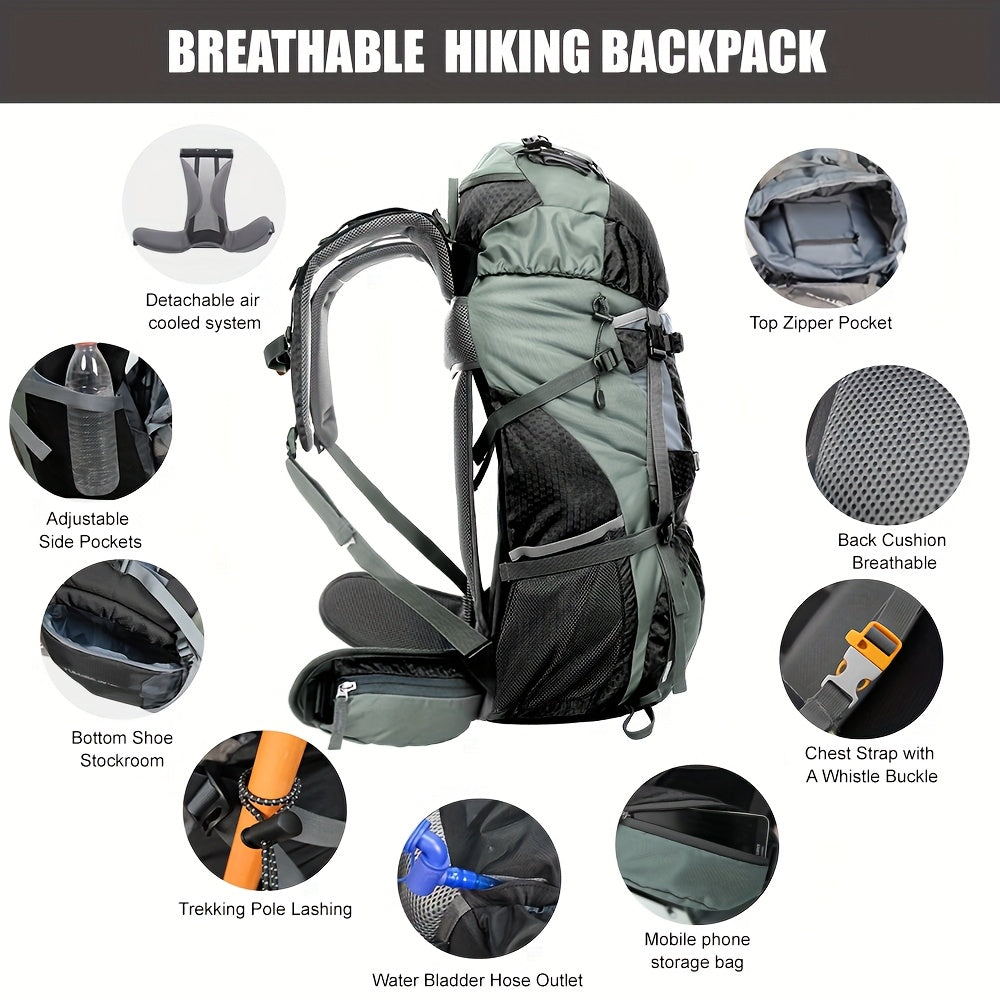 15.85 Gallon High Quality Hiking Backpack with Rain Cover Lightweight Camping Gear for Outdoor Adventures Black Adjustable Straps and Multiple Compartments