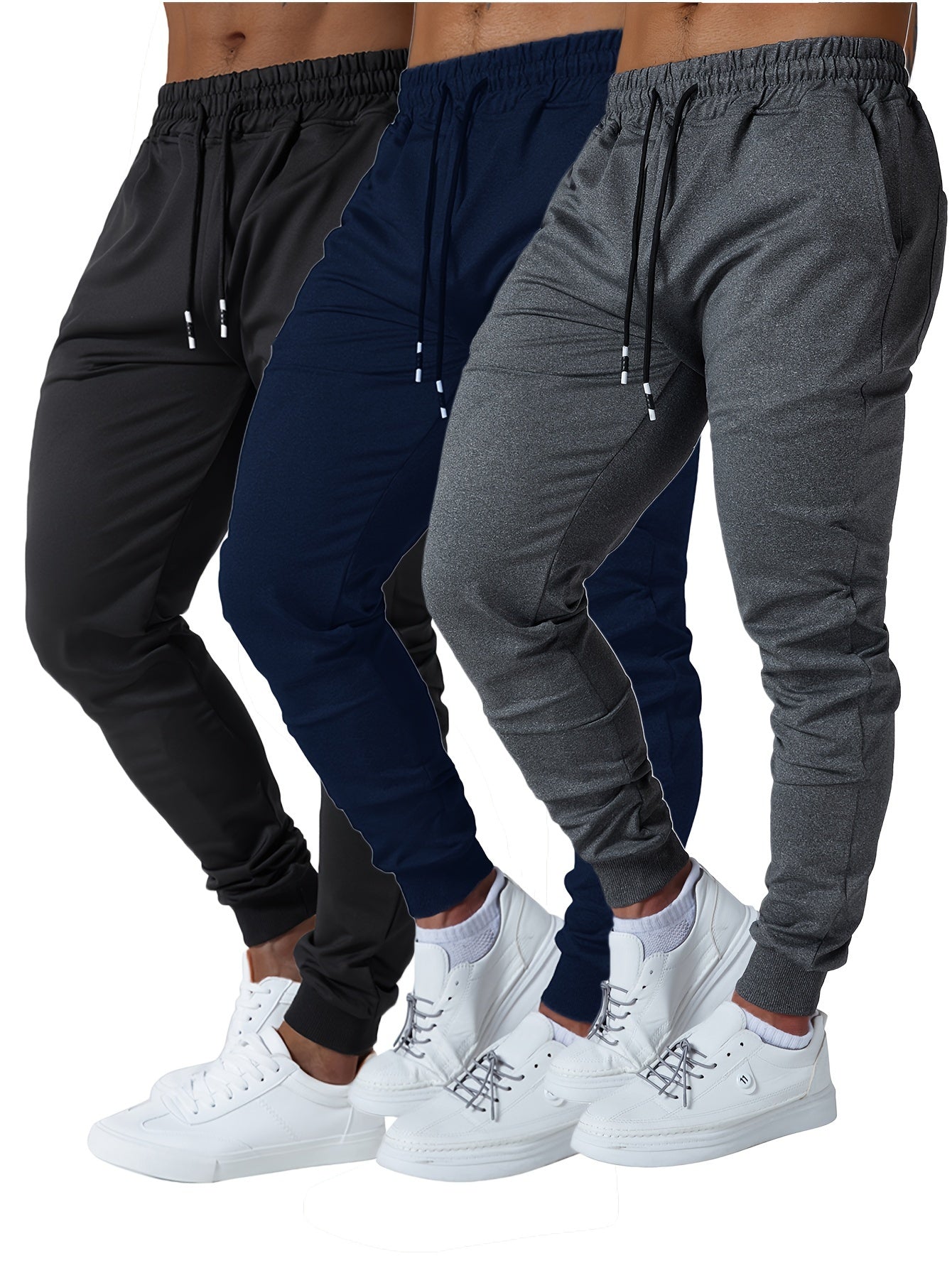 3PCS Men's Jogger Sweatpants Ultra Elastic Waist with Deep Side Pockets Cotton Blend Ideal for Gym and Running Machine Washable Black Navy Gray