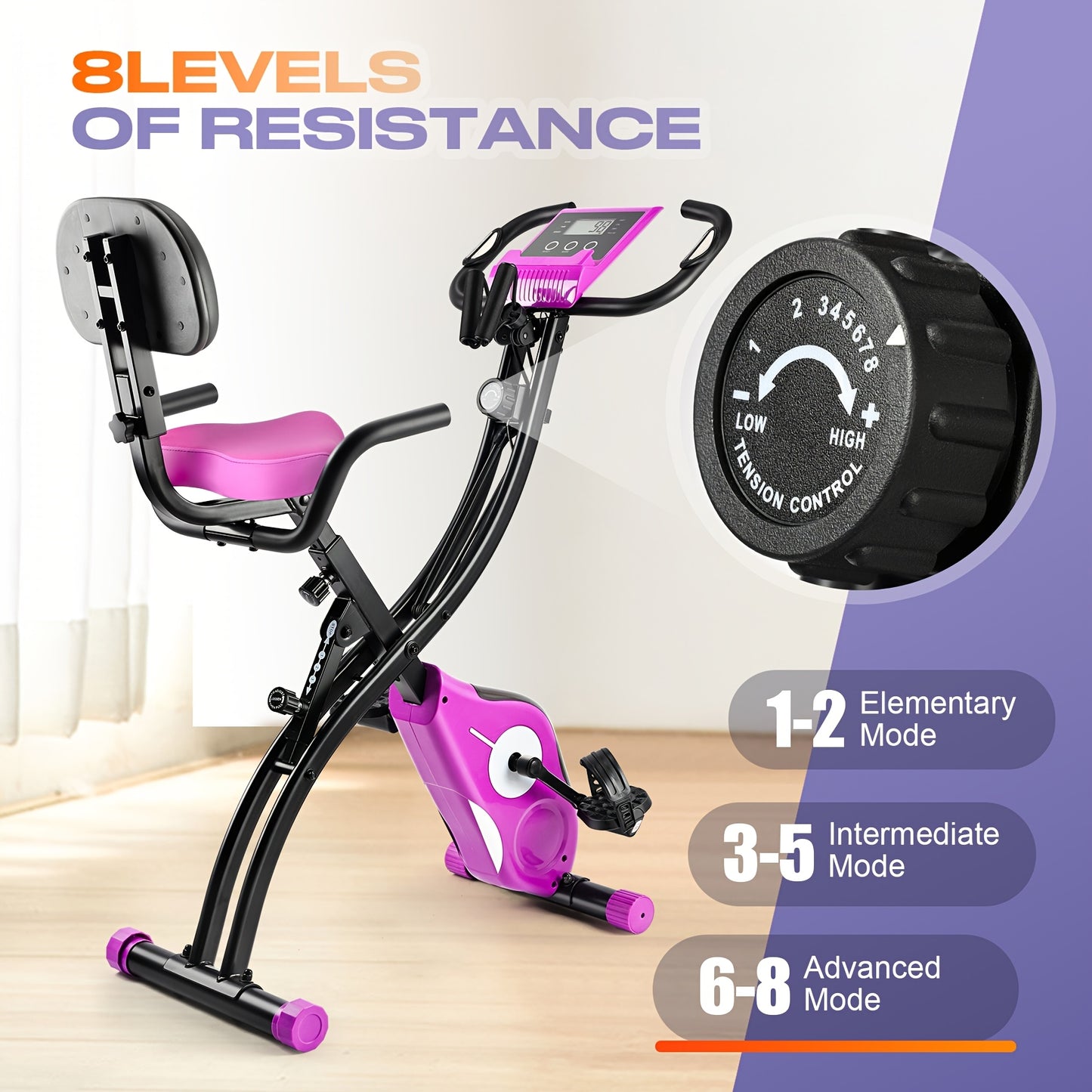 Purple Folding Exercise Bike with Adjustable Magnetic Resistance Digital Display Comfort Seat Cushion Support Back Pad Arm Resistance Bands Pulse Sensor Battery Powered Indoor Cycling Bike for Home Gym Workouts
