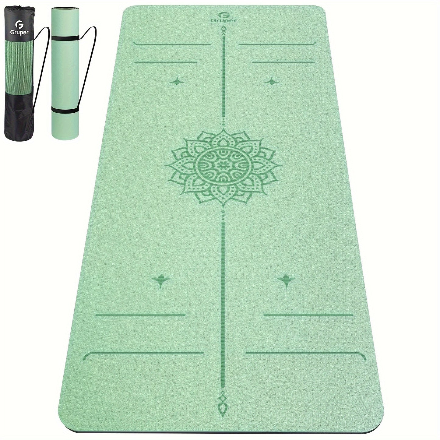 Non-Slip TPE Yoga Mat 8mm Thick with Carrying Strap - Striped, Green/Blue/Black - Ideal for Beginners, Pilates & Home Workouts
