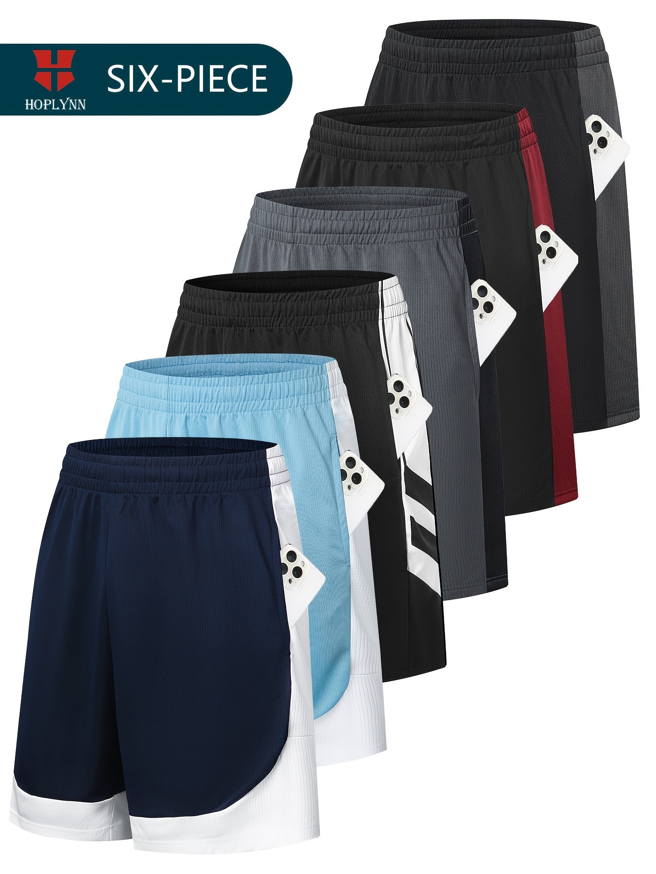HOPLYNN 6 Piece Set of Men's Mesh Sports Basketball Shorts with Pockets Quick Dry Sportswear