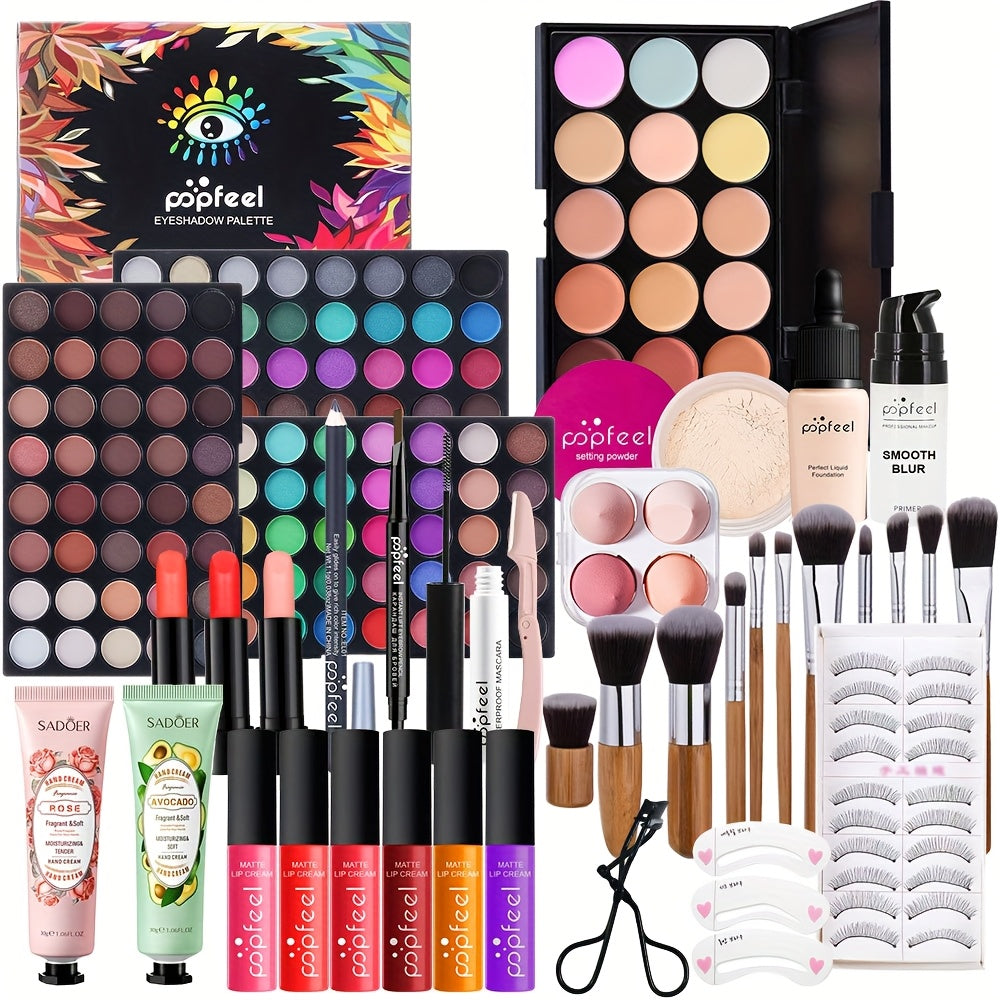 [All-in-one Makeup] MAKEUP GIFT SET - Contains Eye Shadow Eyeliner Eyebrow Pencil Lipstick Lip Gloss Base Makeup Foundation Loose Powder and matching Brush and Sponge Puff, a complete makeup gift set, Ideal Gift for Mother's