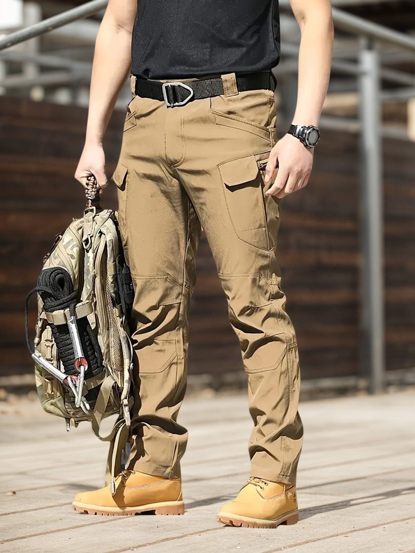 4PCS Comfy Outdoor Mountaineering Cargo Pants for Men Solid Color Drawstring Waist Casual Style Breathable Fabric